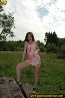 Outdoor pissing on a wooden table in the forest