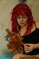 Girl in wig and color pantyhose does footjob