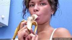 Teen brunette toying in kitchen - N