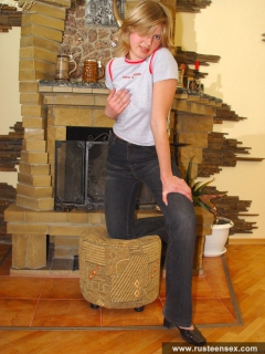 Russian teen blonde masturbates near fireplace - N