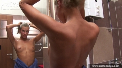 Russian teen blonde masturbates taking a shower - N