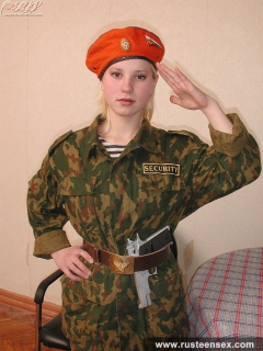 Russian teen in military uniform masturbates with dildo - N