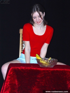 Russian teen masturbates her shaved pussy with banana - N
