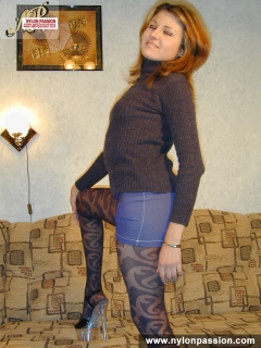 Teen blonde in black pantyhose posing - N