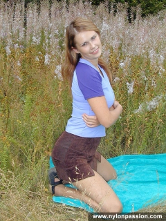 Pantyhose teen blonde plays with pantyhose outdoot - N