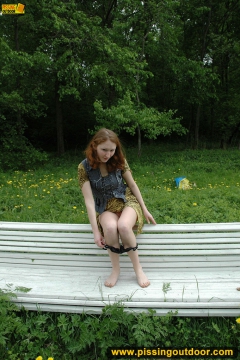 Pissing outdoor on a park bench - N