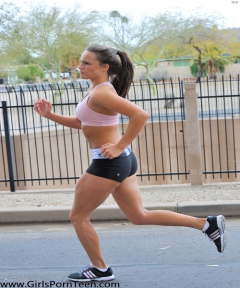Teal she walks on a jogging trail, going topless, wow those - N
