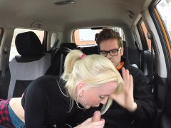 Nasty blonde fucks instructor in his car