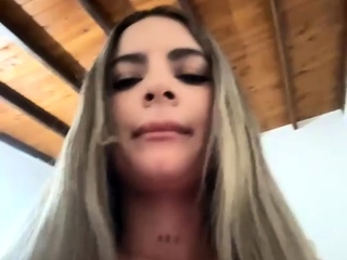 Busty curly brunette with big boobs fucks on couch